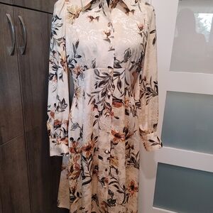 Calvin Klein Cream Midi Dress with Notched Collar and Cuffed Sleeves